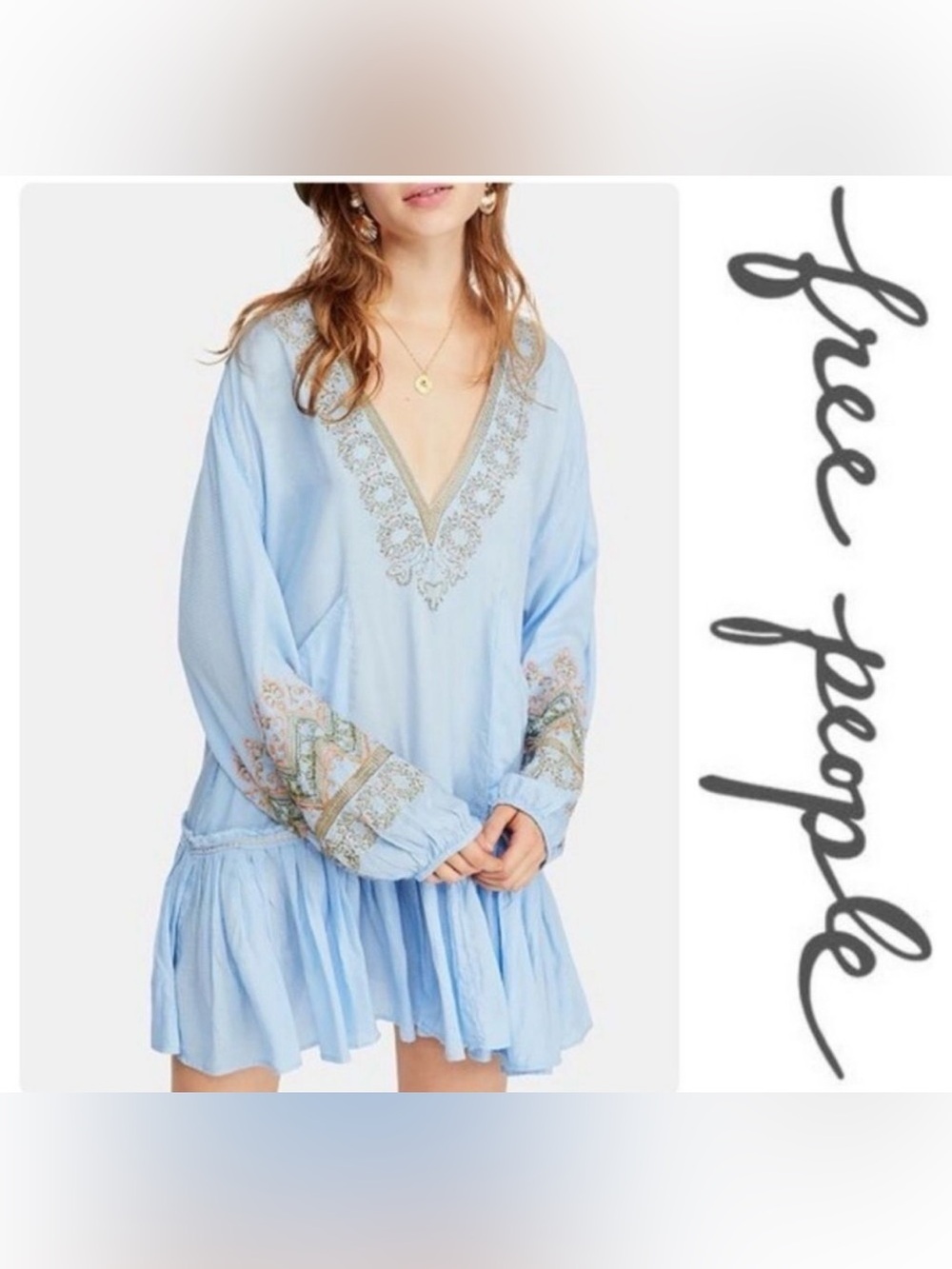 Free People Wild One Embroidered Peasant Dress In Blue Skies